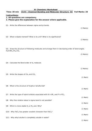 CBSE Worksheets for Class 11 Chemistry Chemical Bonding and Molecular Structure Assignment 4