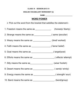 Worksheet for Class 3 English Word Power Assignment