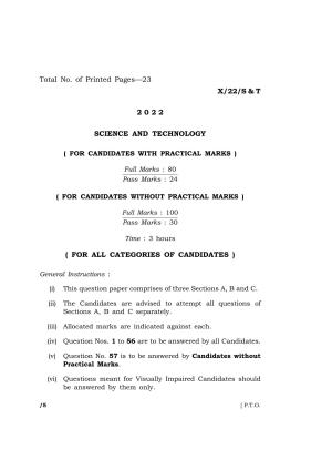 Meghalaya Board (MBOSE) Class 10 SCIENCE AND TECHNOLOGY (X-22-S & T) 2022 Question Paper