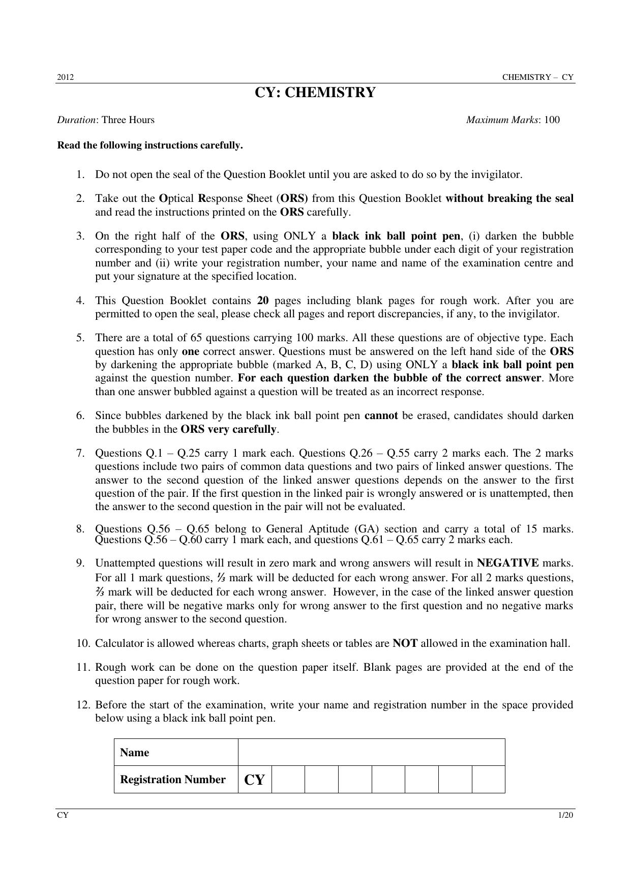 GATE 2012 Chemistry (CY) Question Paper with Answer Key - Page 1