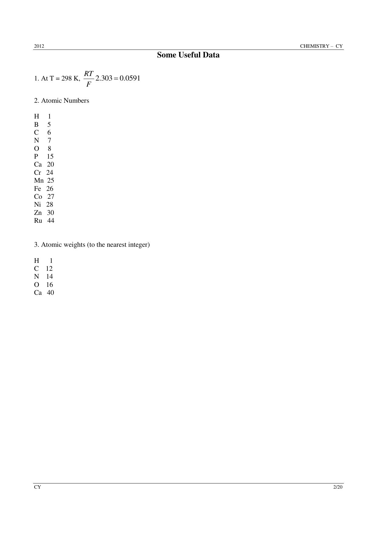 GATE 2012 Chemistry (CY) Question Paper with Answer Key - Page 2