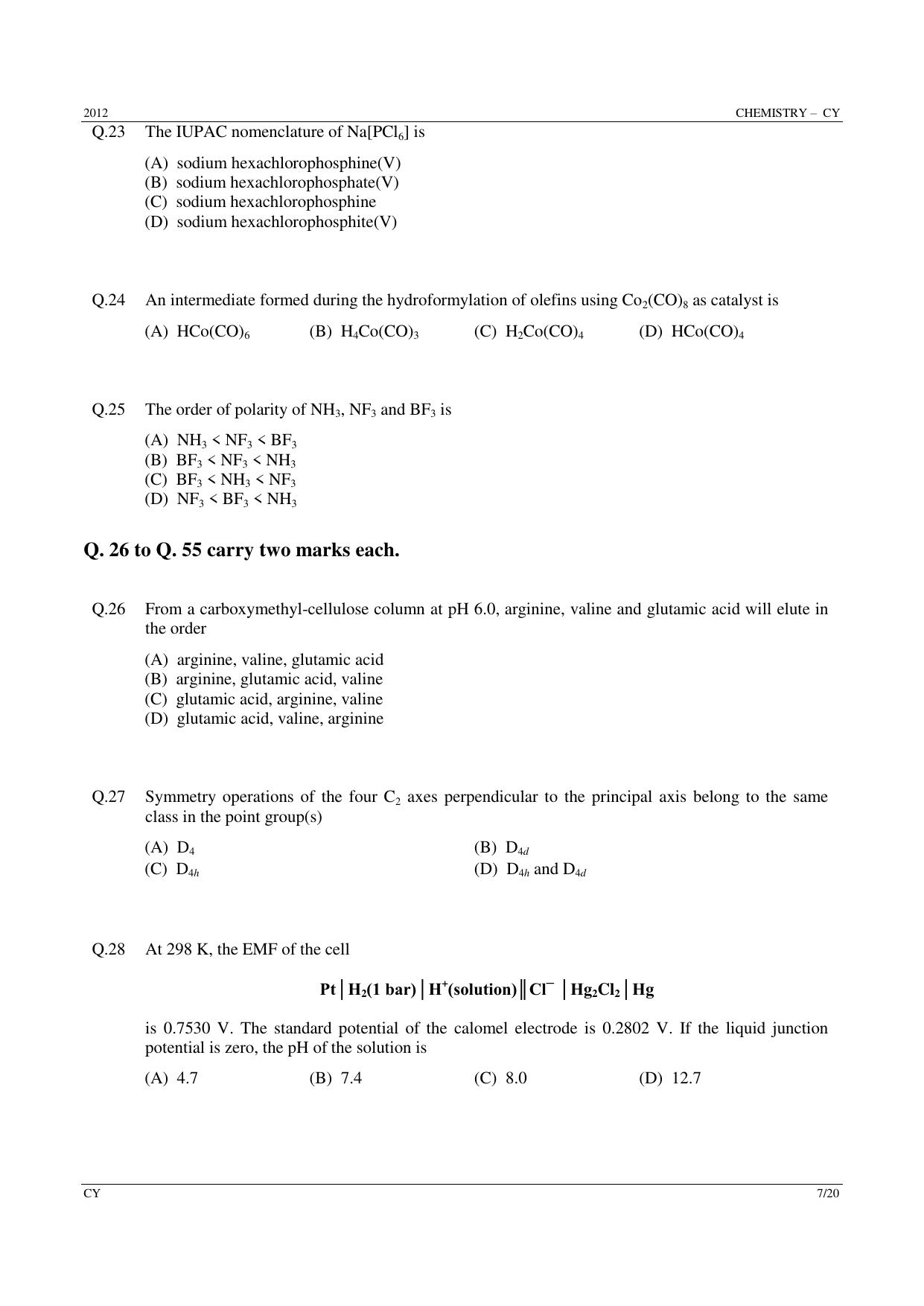 GATE 2012 Chemistry (CY) Question Paper with Answer Key - Page 7