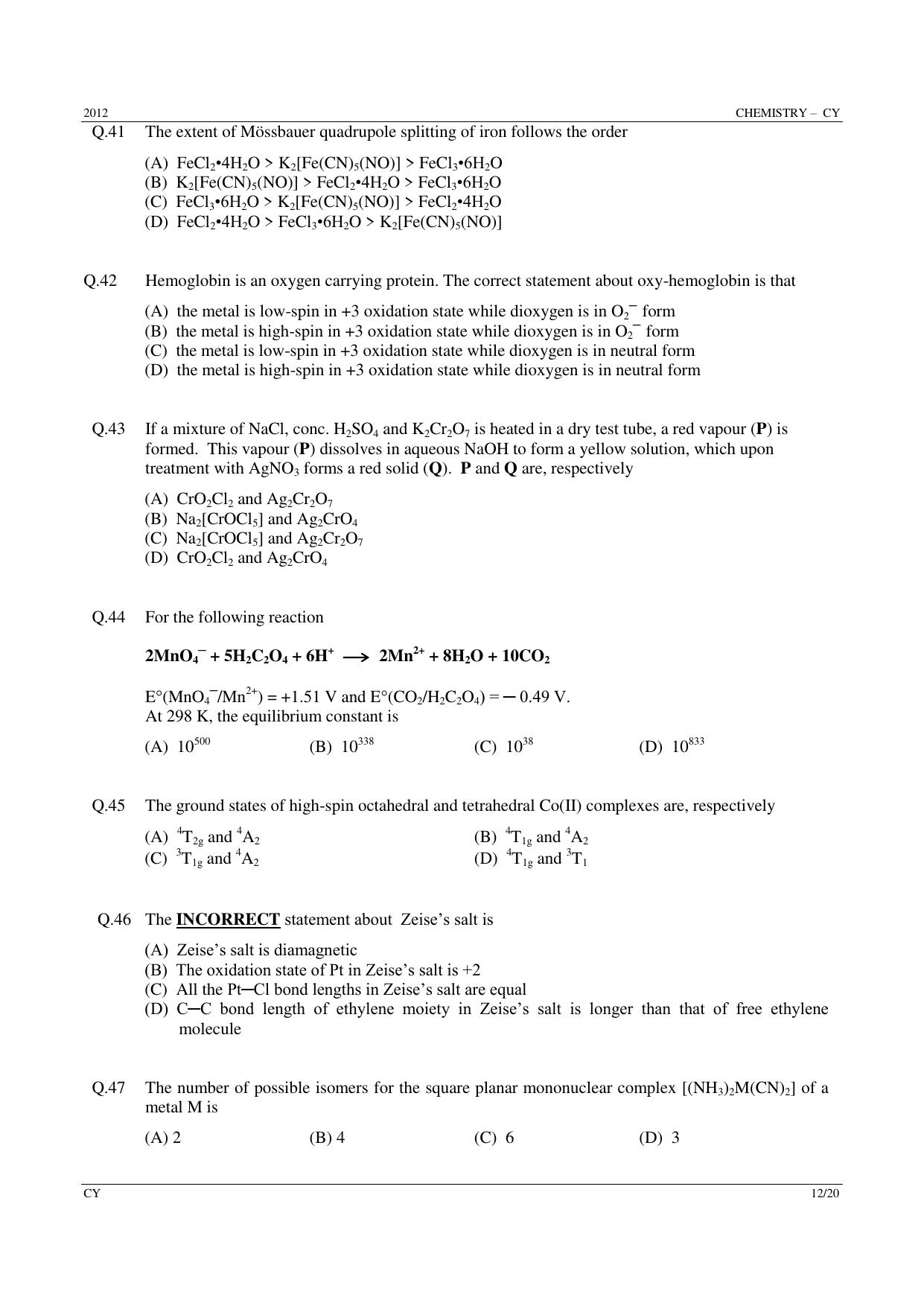 GATE 2012 Chemistry (CY) Question Paper with Answer Key - Page 12