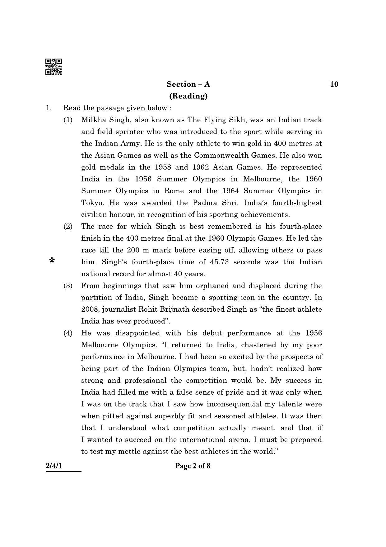 CBSE Class 10 2-4-1 (English L & L) 2022 Question Paper - Page 2