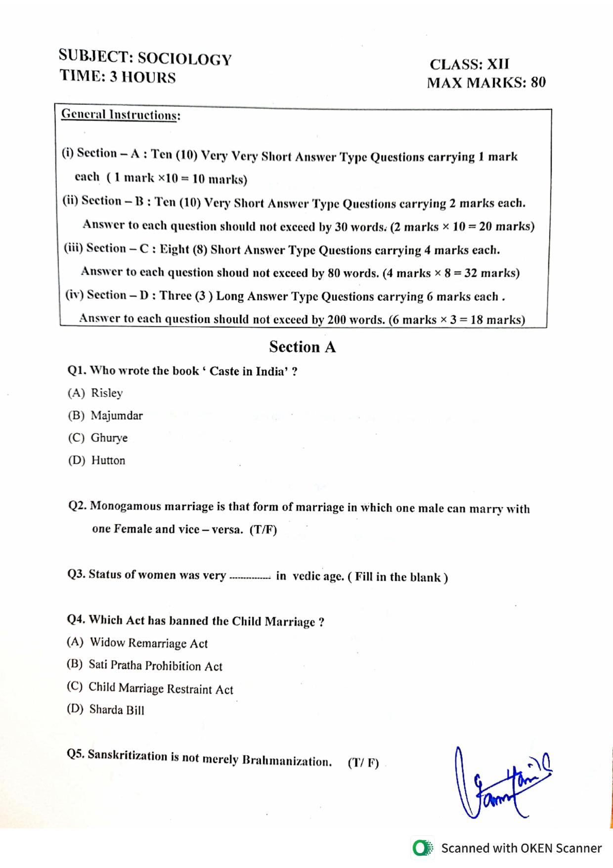 JKBOSE Class 12 Sociology Model Question Paper - Page 1