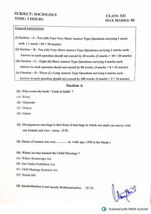 JKBOSE Class 12 Sociology Model Question Paper