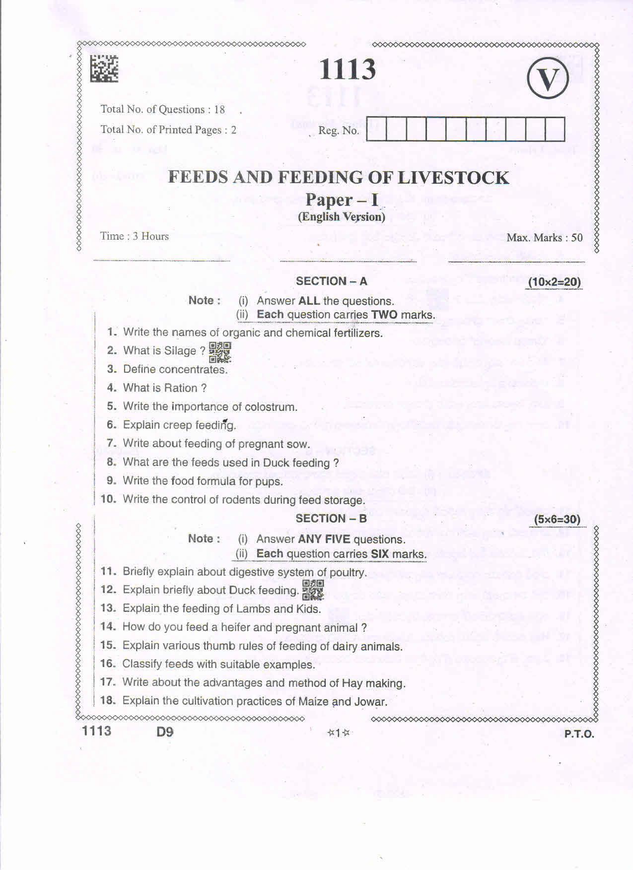 AP Intermediate 2nd Year Vocational Question Paper September-2021- Feeds & FeedingofLifeStocks-I - Page 1