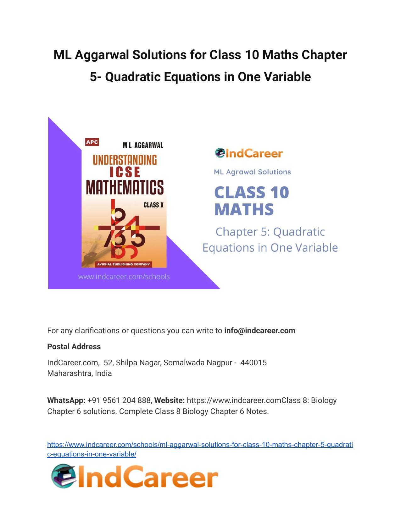ML Aggarwal Solutions for Class 10 Maths Chapter 5- Quadratic Equations in One Variable - Page 1