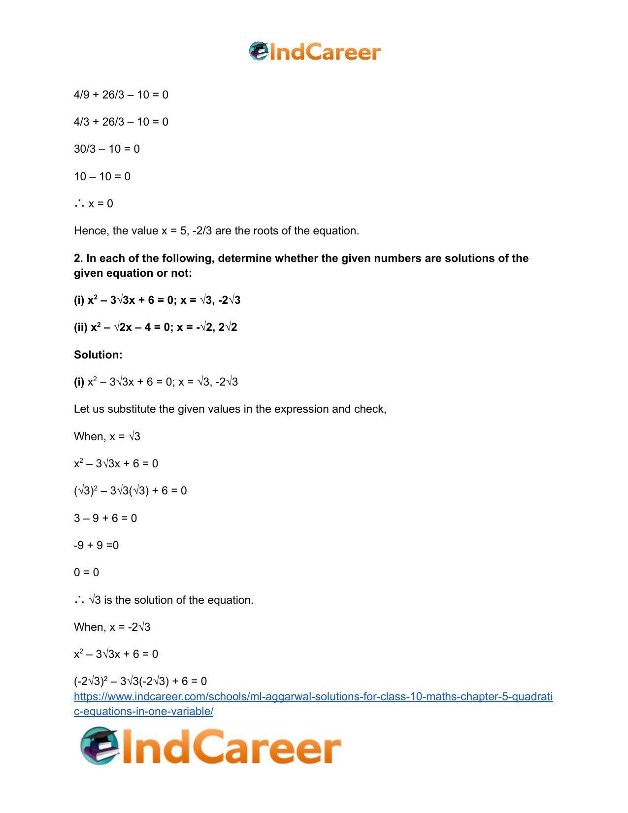 ML Aggarwal Solutions for Class 10 Maths Chapter 5- Quadratic Equations in One Variable - Page 4