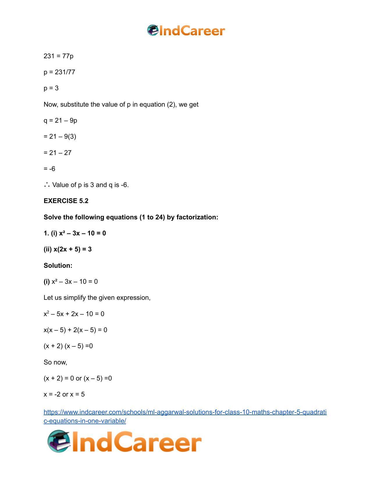 ML Aggarwal Solutions for Class 10 Maths Chapter 5- Quadratic Equations in One Variable - Page 9