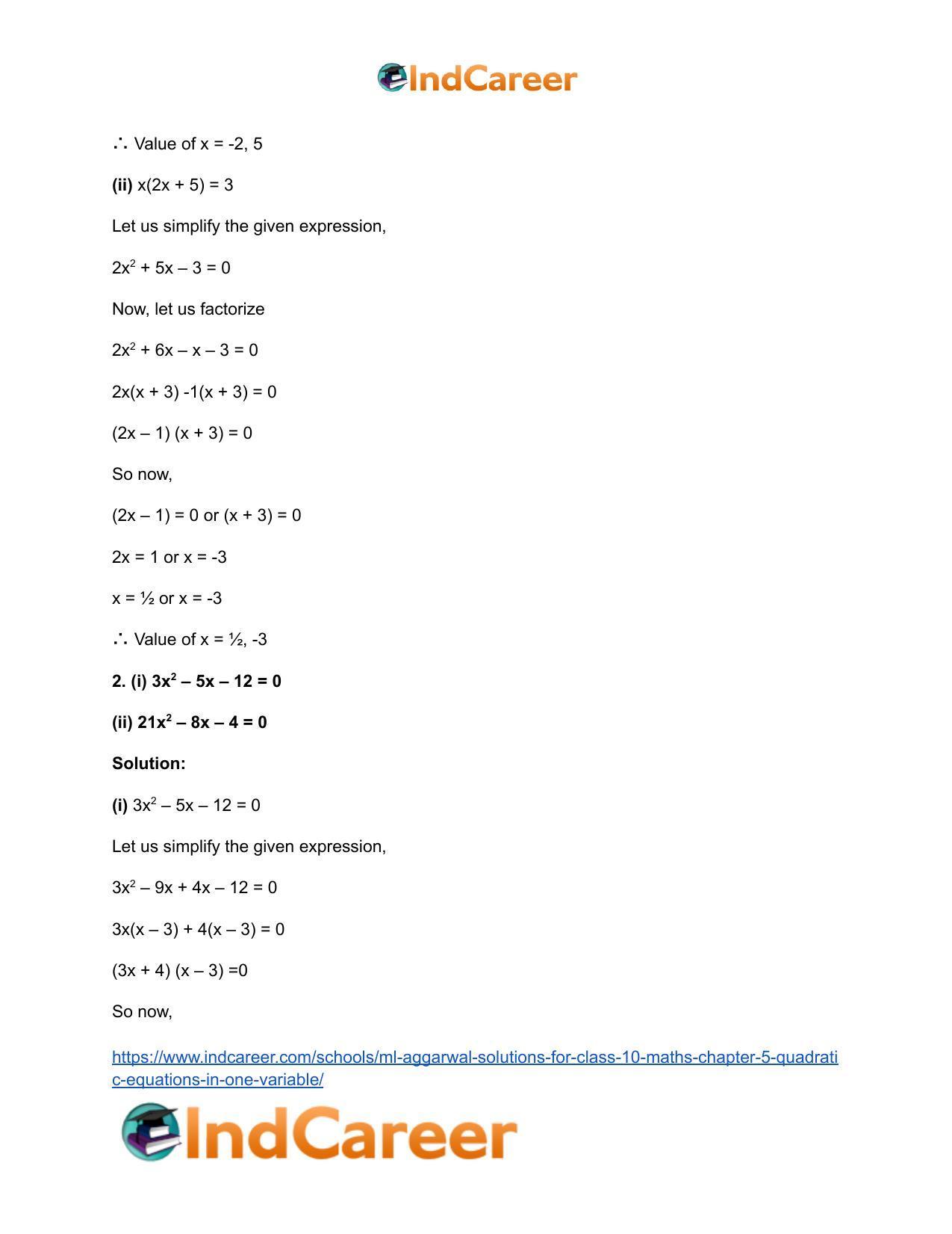 ML Aggarwal Solutions for Class 10 Maths Chapter 5- Quadratic Equations in One Variable - Page 10