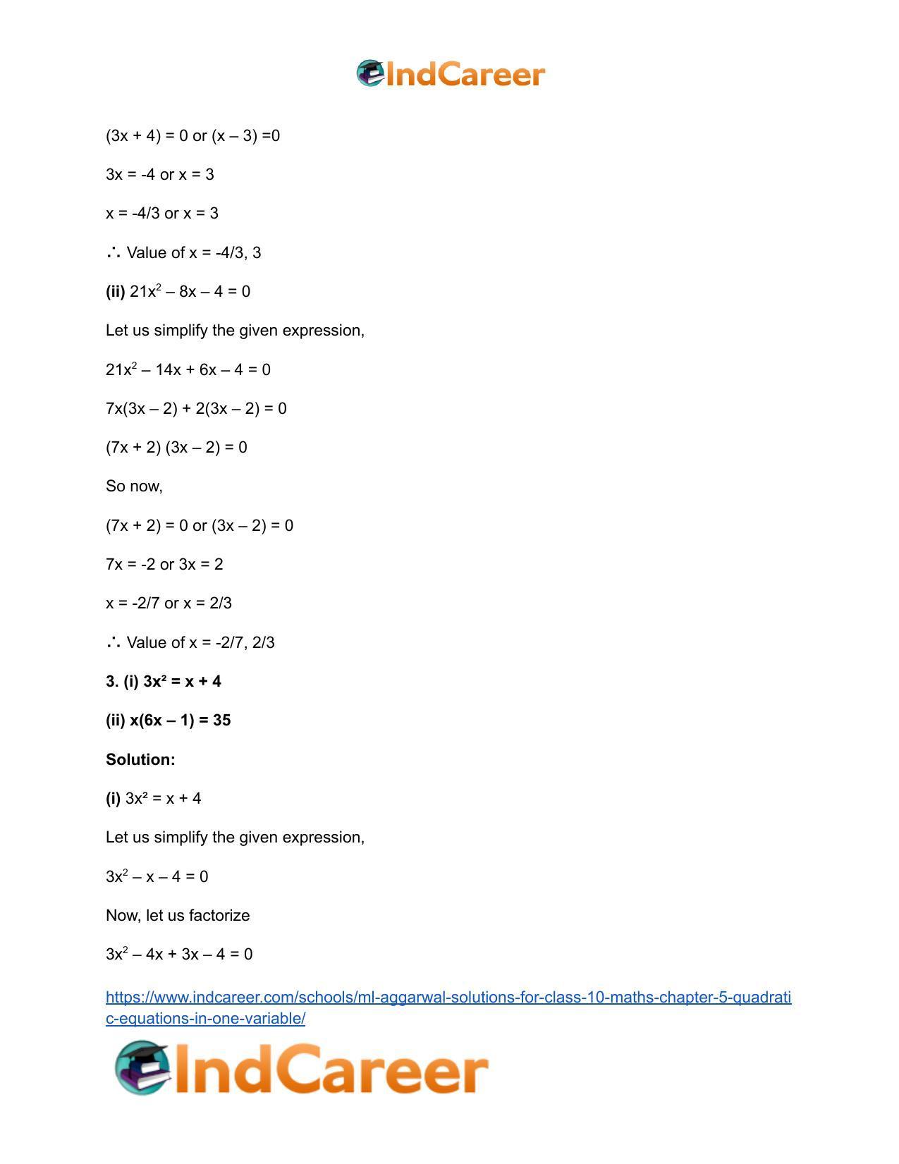 ML Aggarwal Solutions for Class 10 Maths Chapter 5- Quadratic Equations in One Variable - Page 11