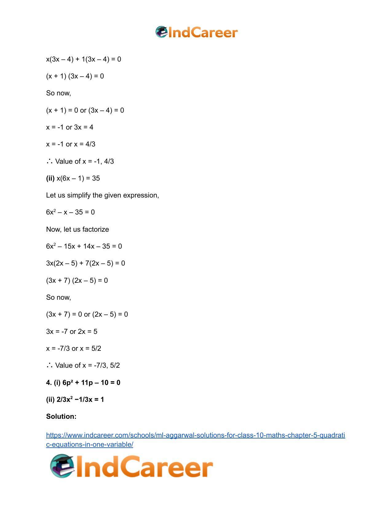 ML Aggarwal Solutions for Class 10 Maths Chapter 5- Quadratic Equations in One Variable - Page 12