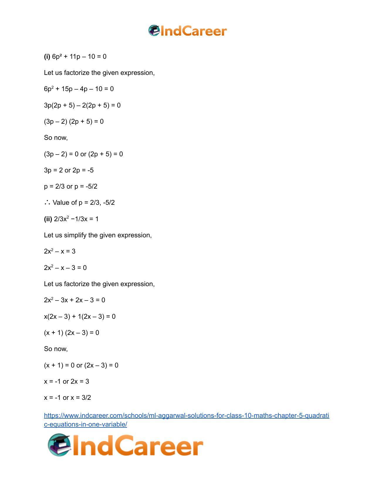 ML Aggarwal Solutions for Class 10 Maths Chapter 5- Quadratic Equations in One Variable - Page 13