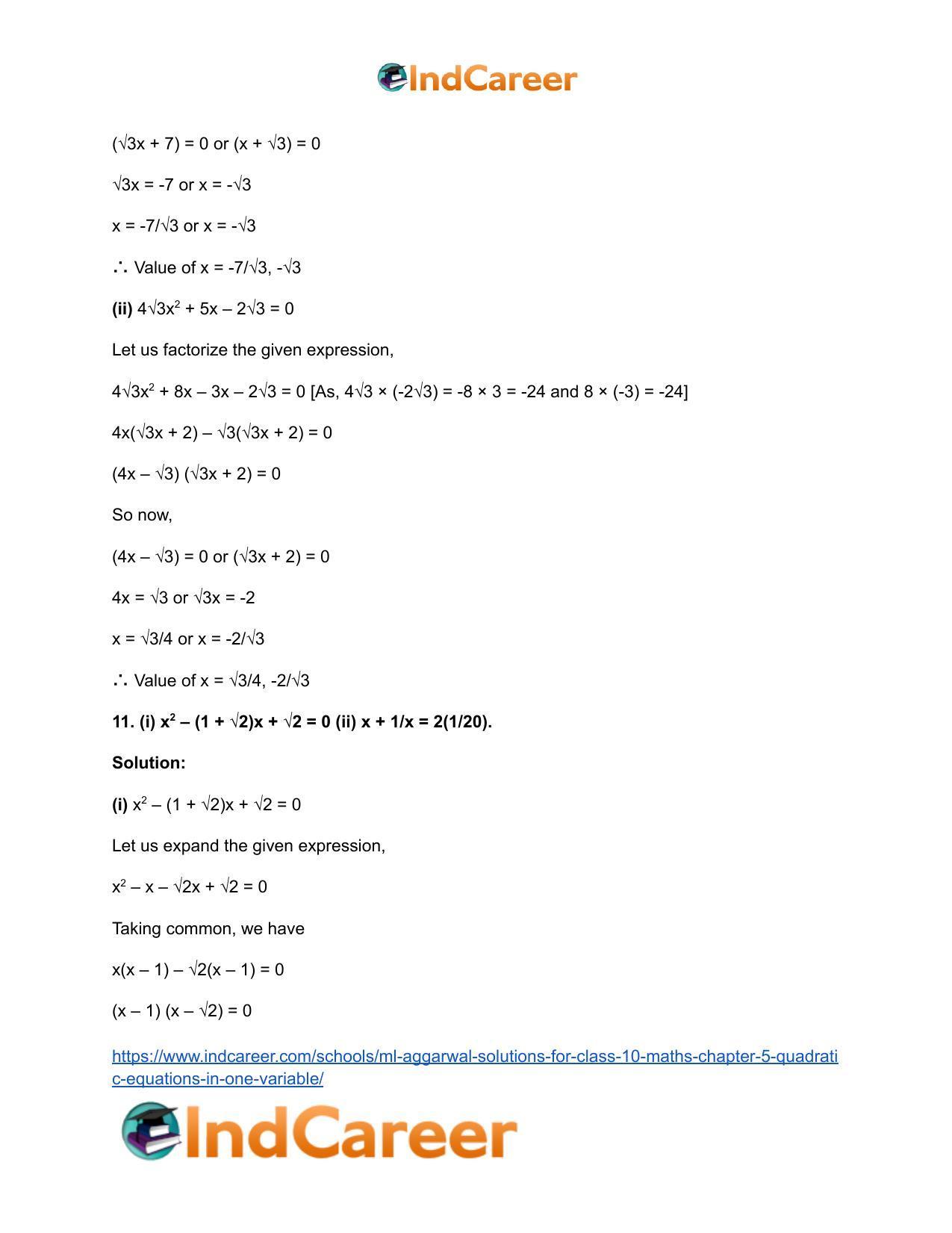 ML Aggarwal Solutions for Class 10 Maths Chapter 5- Quadratic Equations in One Variable - Page 19