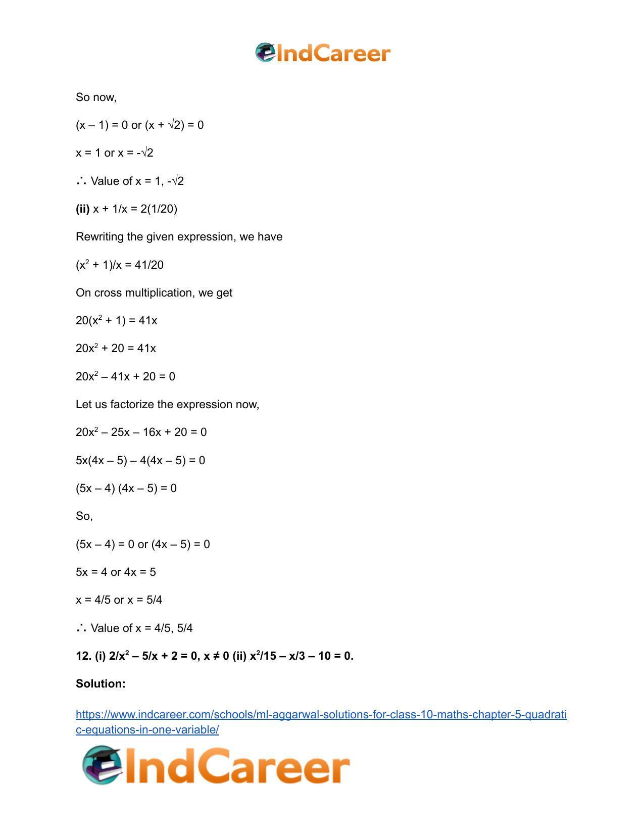 ML Aggarwal Solutions for Class 10 Maths Chapter 5- Quadratic Equations in One Variable - Page 20