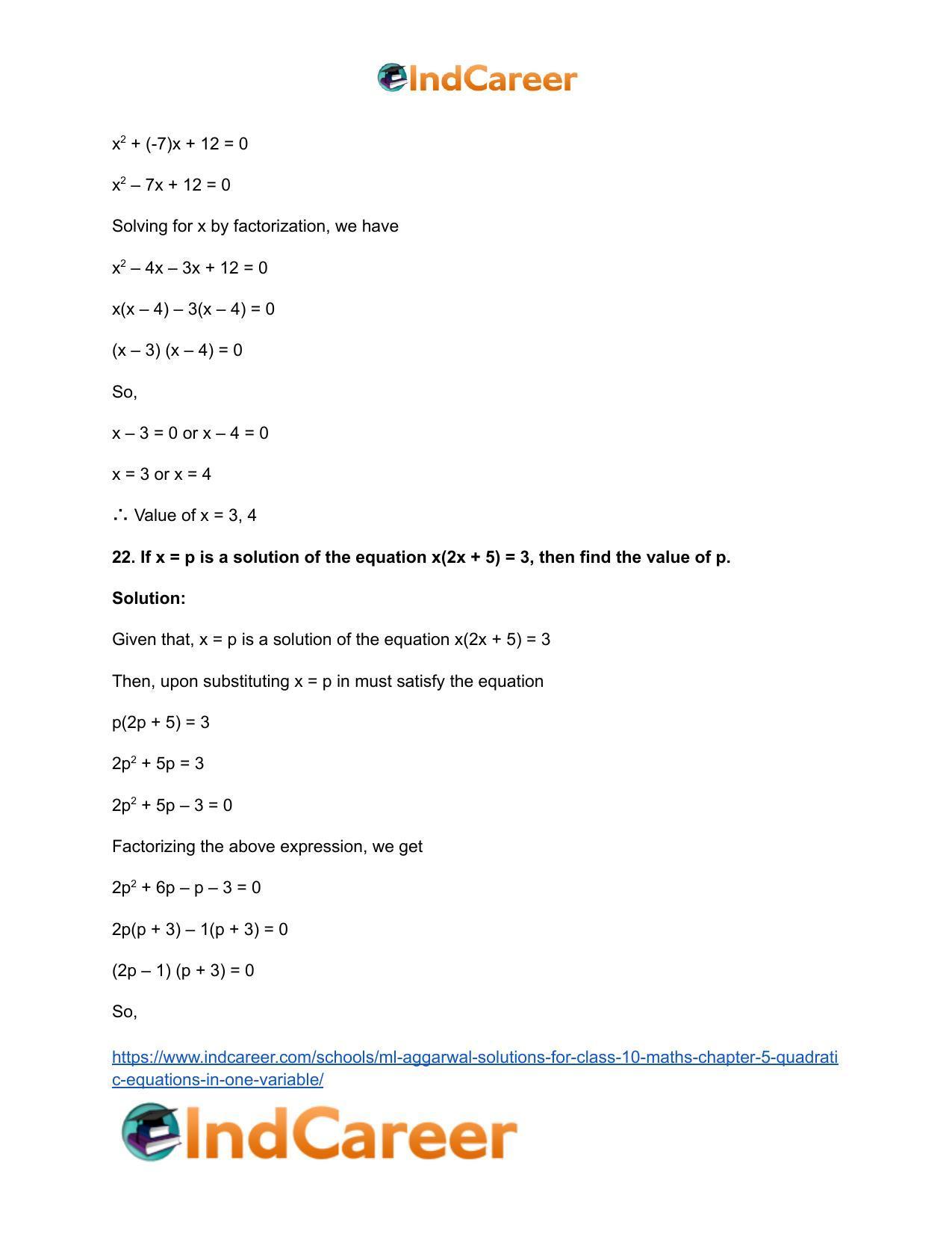 ML Aggarwal Solutions for Class 10 Maths Chapter 5- Quadratic Equations in One Variable - Page 34