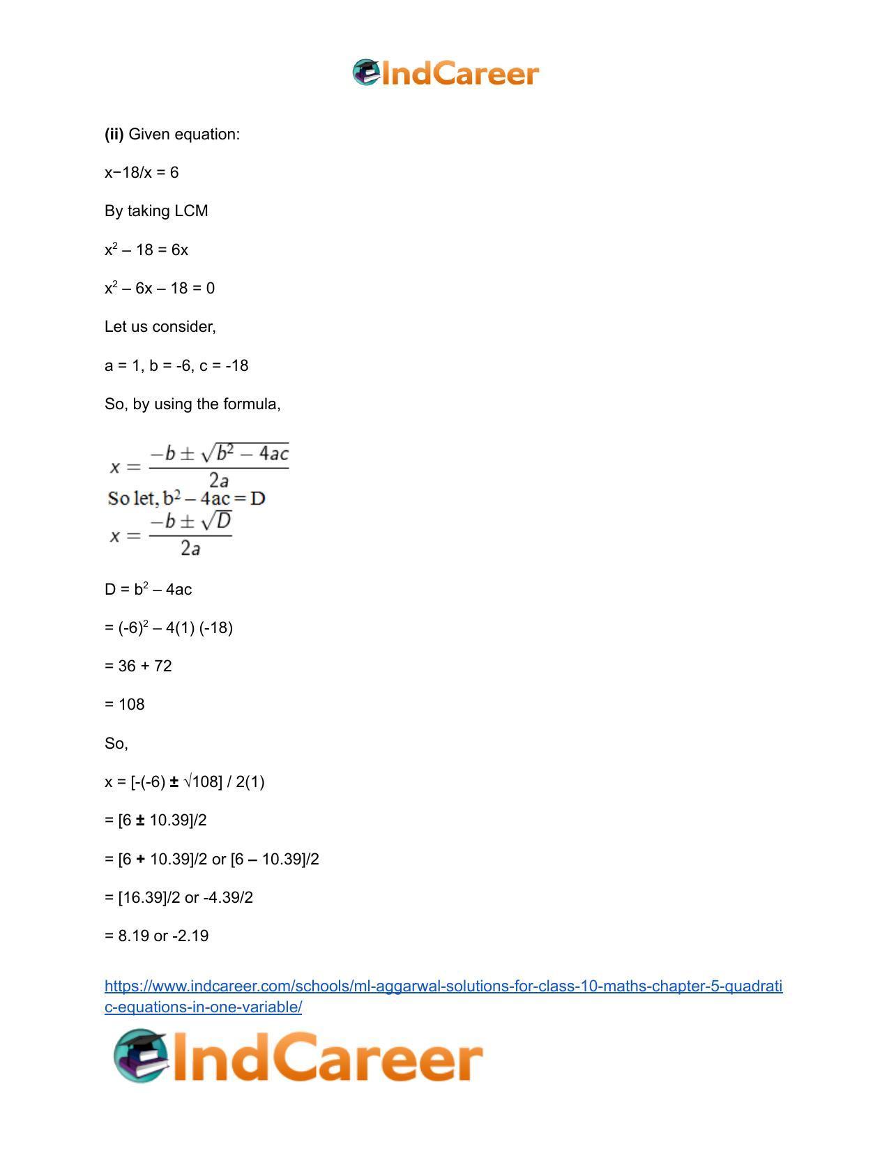 ML Aggarwal Solutions for Class 10 Maths Chapter 5- Quadratic Equations in One Variable - Page 56