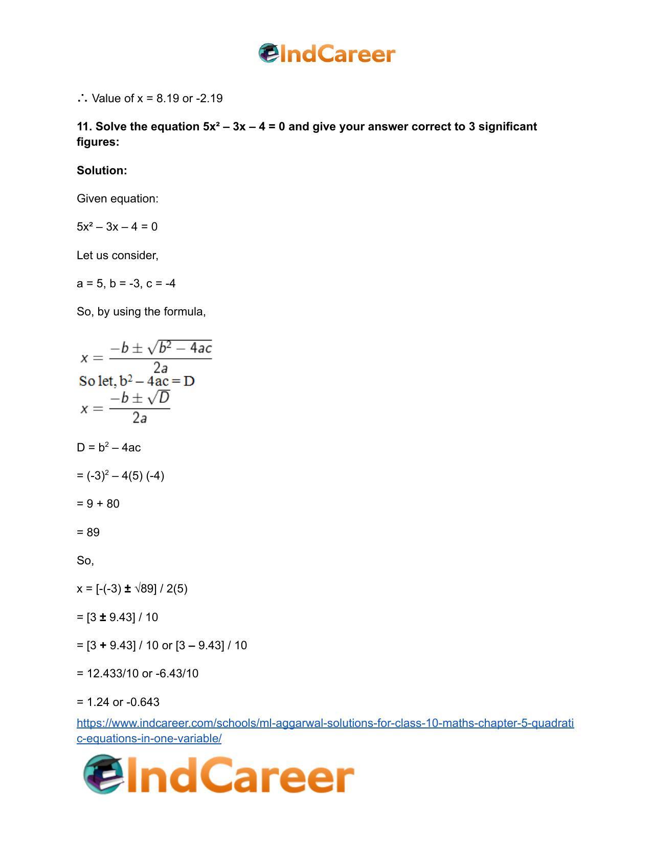 ML Aggarwal Solutions for Class 10 Maths Chapter 5- Quadratic Equations in One Variable - Page 57
