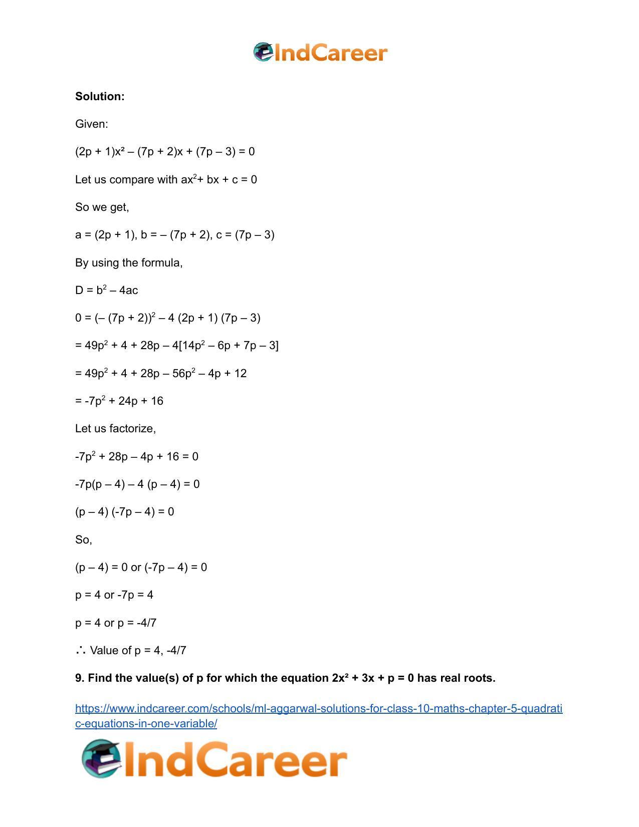 ML Aggarwal Solutions for Class 10 Maths Chapter 5- Quadratic Equations in One Variable - Page 74