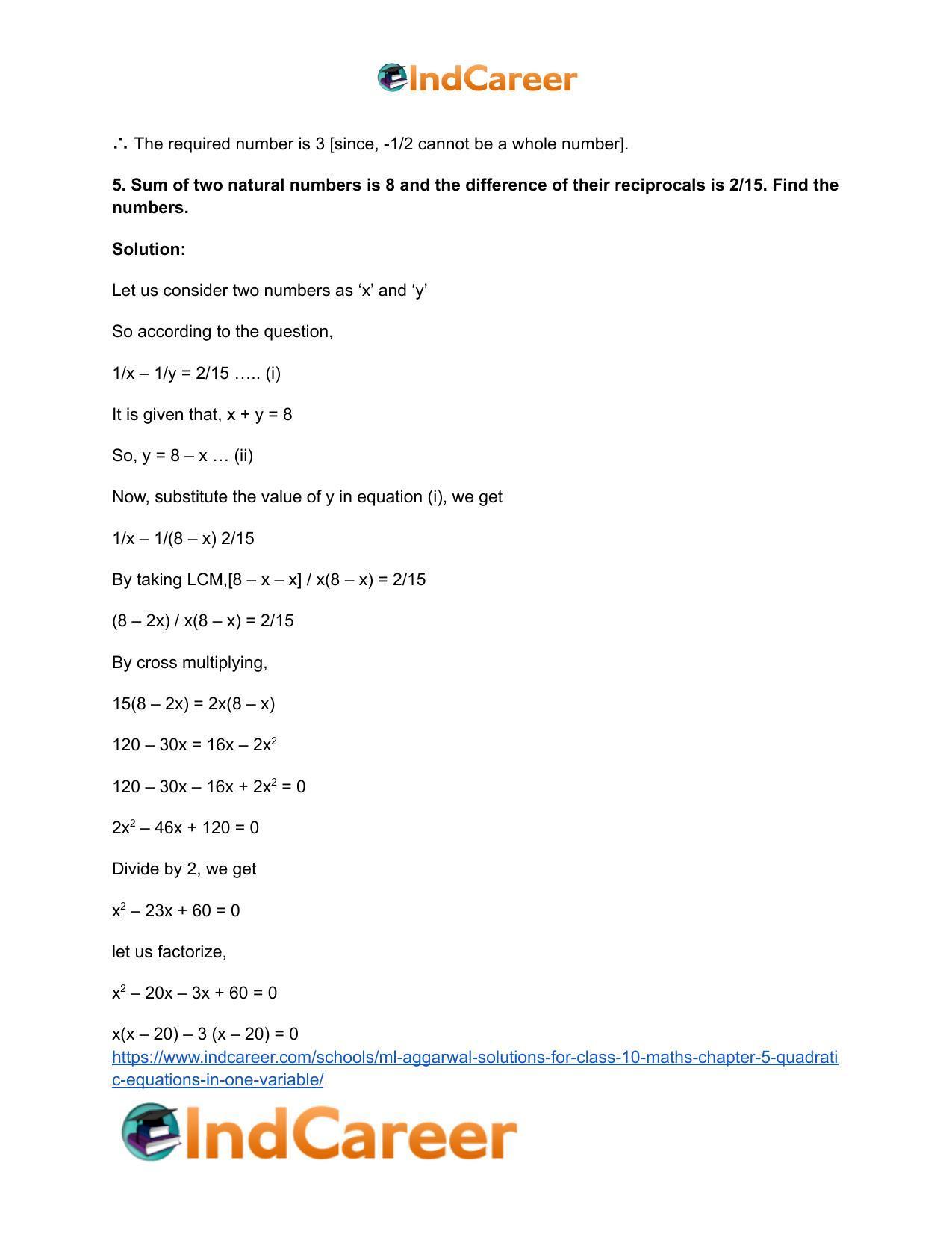 ML Aggarwal Solutions for Class 10 Maths Chapter 5- Quadratic Equations in One Variable - Page 85