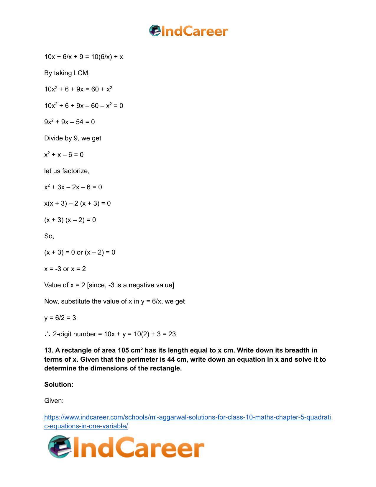 ML Aggarwal Solutions for Class 10 Maths Chapter 5- Quadratic Equations in One Variable - Page 95