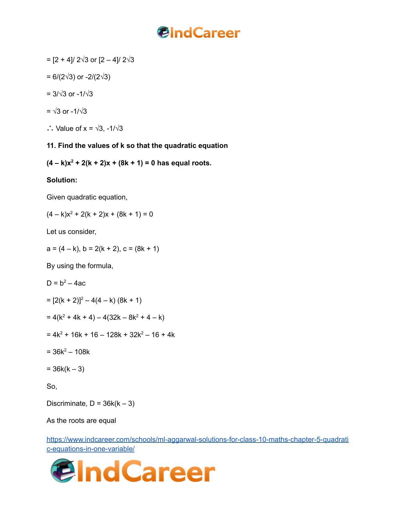 ML Aggarwal Solutions for Class 10 Maths Chapter 5- Quadratic Equations in One Variable - Page 126
