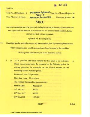 CA Inter Nov 2019 Question Paper - Paper 5 – Advanced Accounting