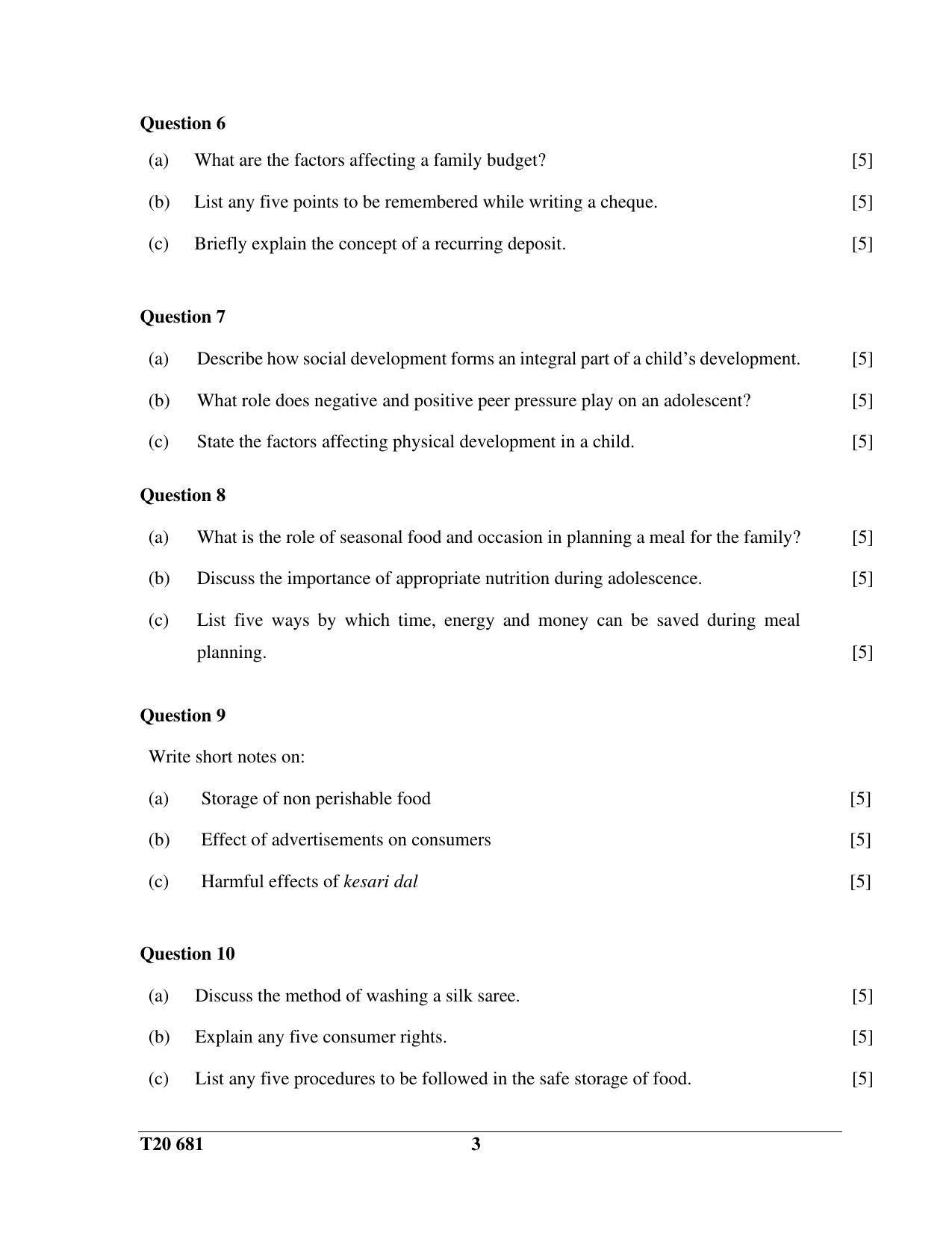 ICSE Class 10 Home Science 2020 Question Paper - Page 3
