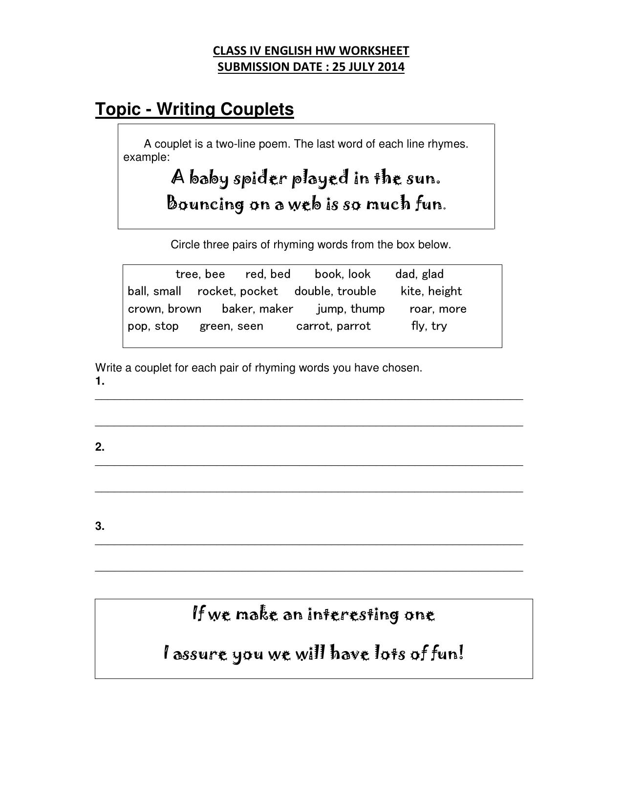 Worksheet for Class 4 English Assignment 92 Writing Couplets - Page 1