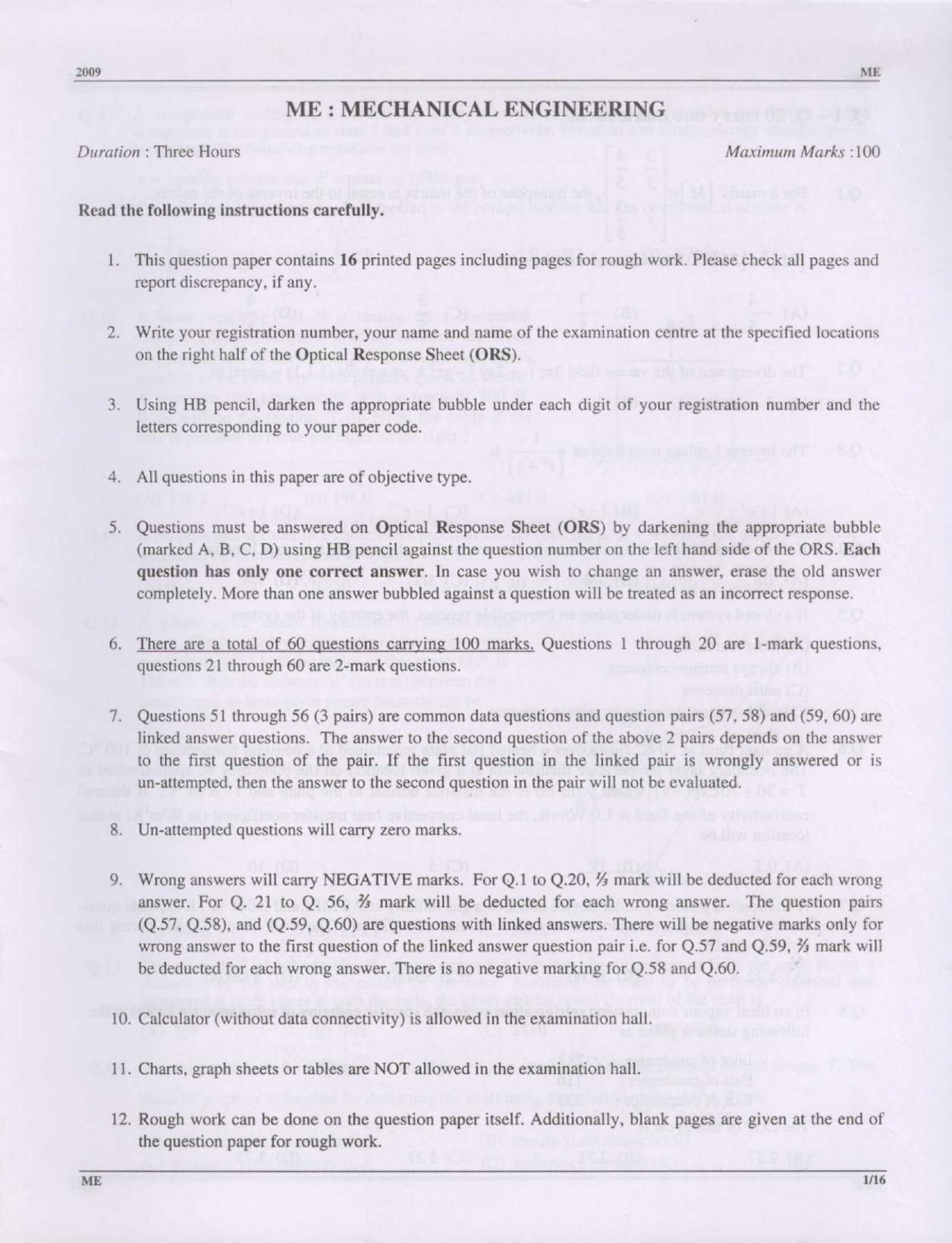 GATE 2009 Mechanical Engineering (ME) Question Paper with Answer Key - Page 1