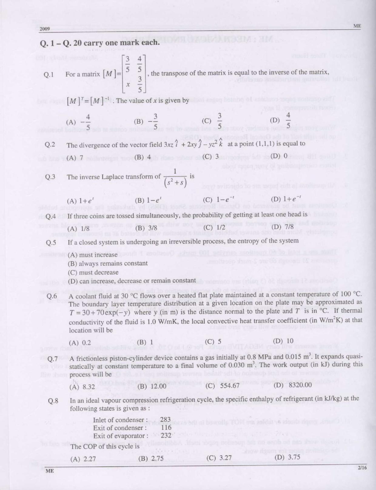 GATE 2009 Mechanical Engineering (ME) Question Paper with Answer Key - Page 2