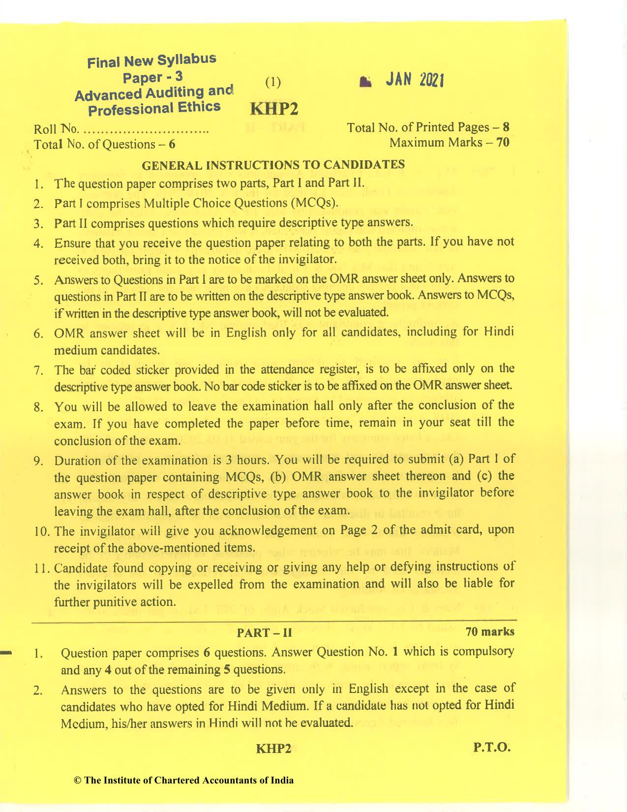 CA Final Jan 2021 Question Paper - Paper 3 – Advanced Auditing and Professional Ethics - Page 1