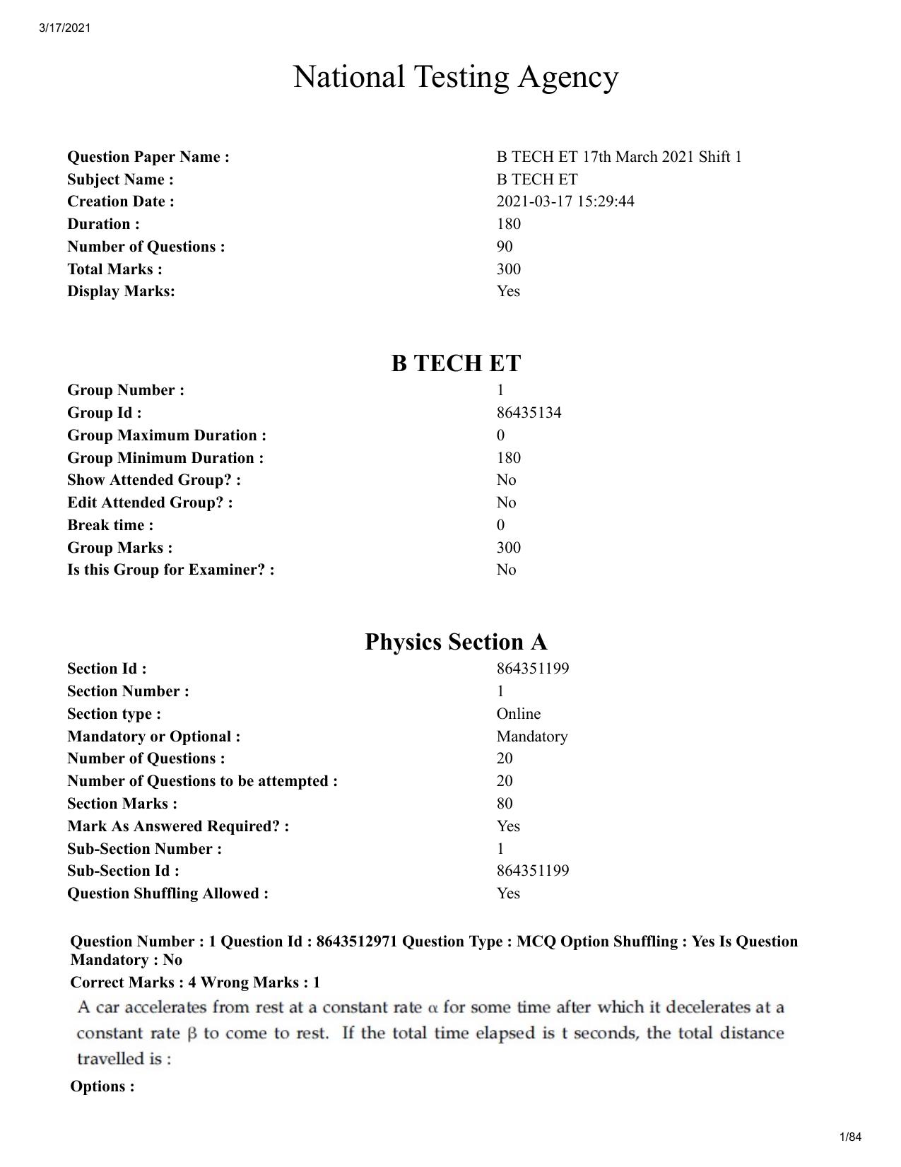 JEE Mains 2021: BTech ET (Shift 1) 17-03-2021 Question Paper - Page 1