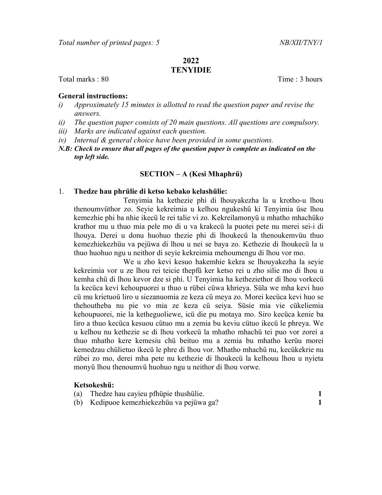 Nagaland Board Class 12 Tenyidie 2022 Question Paper - Page 1