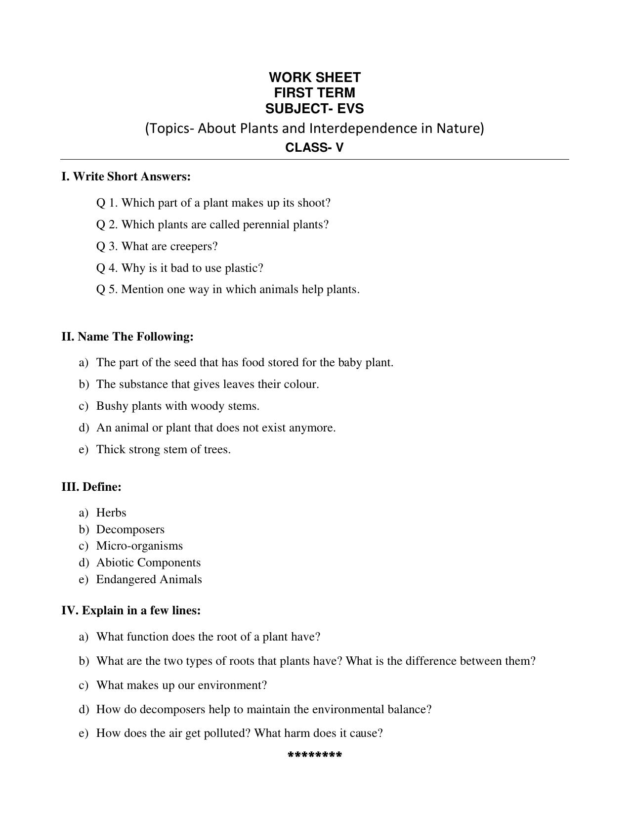 Worksheet for Class 5 Environmental Studies Plants Assignment - Page 1