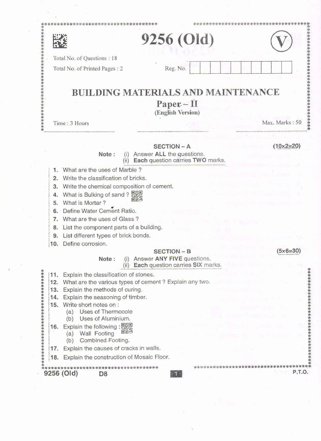 AP Intermediate 2nd Year Vocational Question Paper September-2021- Building_Material&Maintenance-II - Page 1