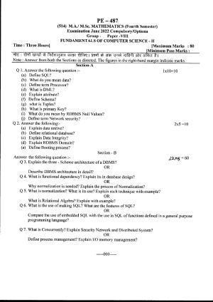 Bilaspur University Question Paper June 2022:M.A./M.Sc. Mathematics (Fourth Semester) Fundamental Of Computer Science -II Paper 1