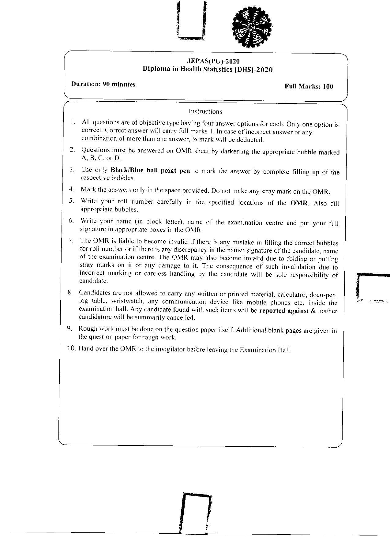 WBJEEB JEMAS (PG) 2020 DHS Question Paper - Page 1