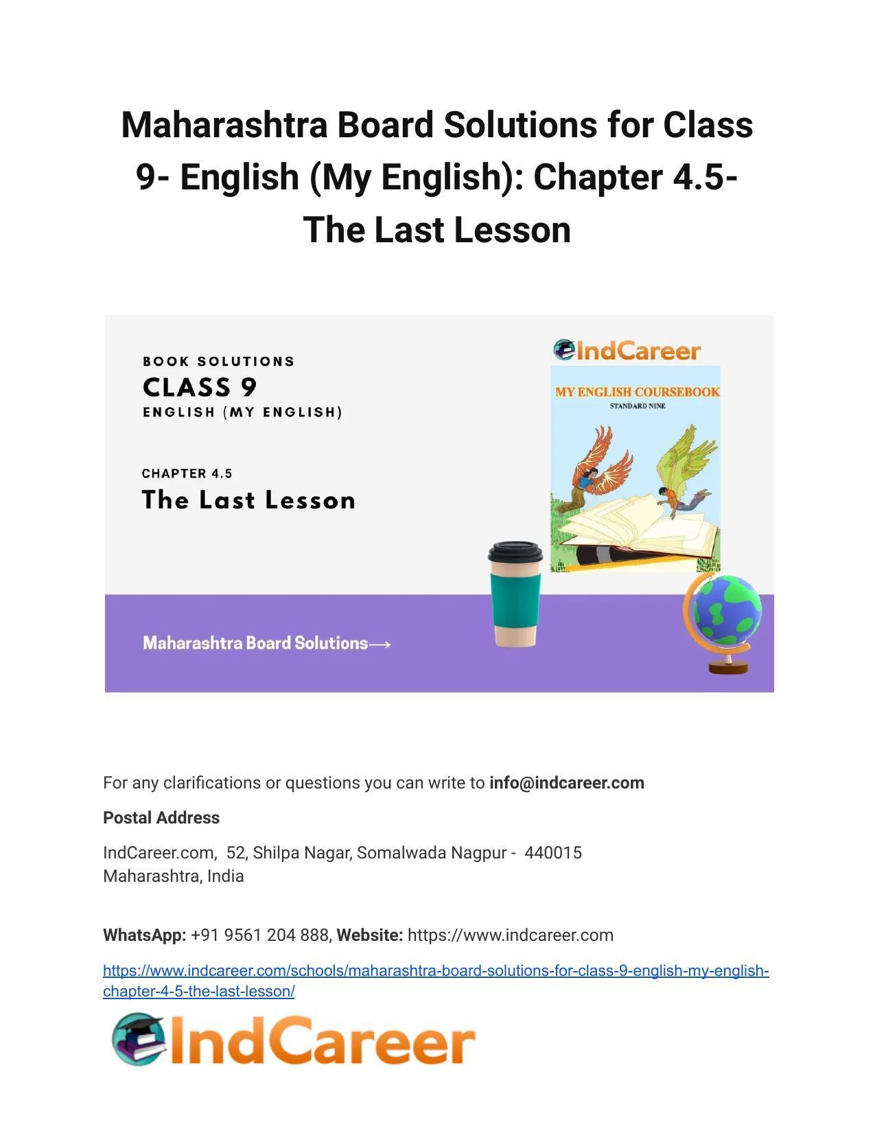 Maharashtra Board Solutions for Class 9- English (My English): Chapter 4.5- The Last Lesson - Page 1