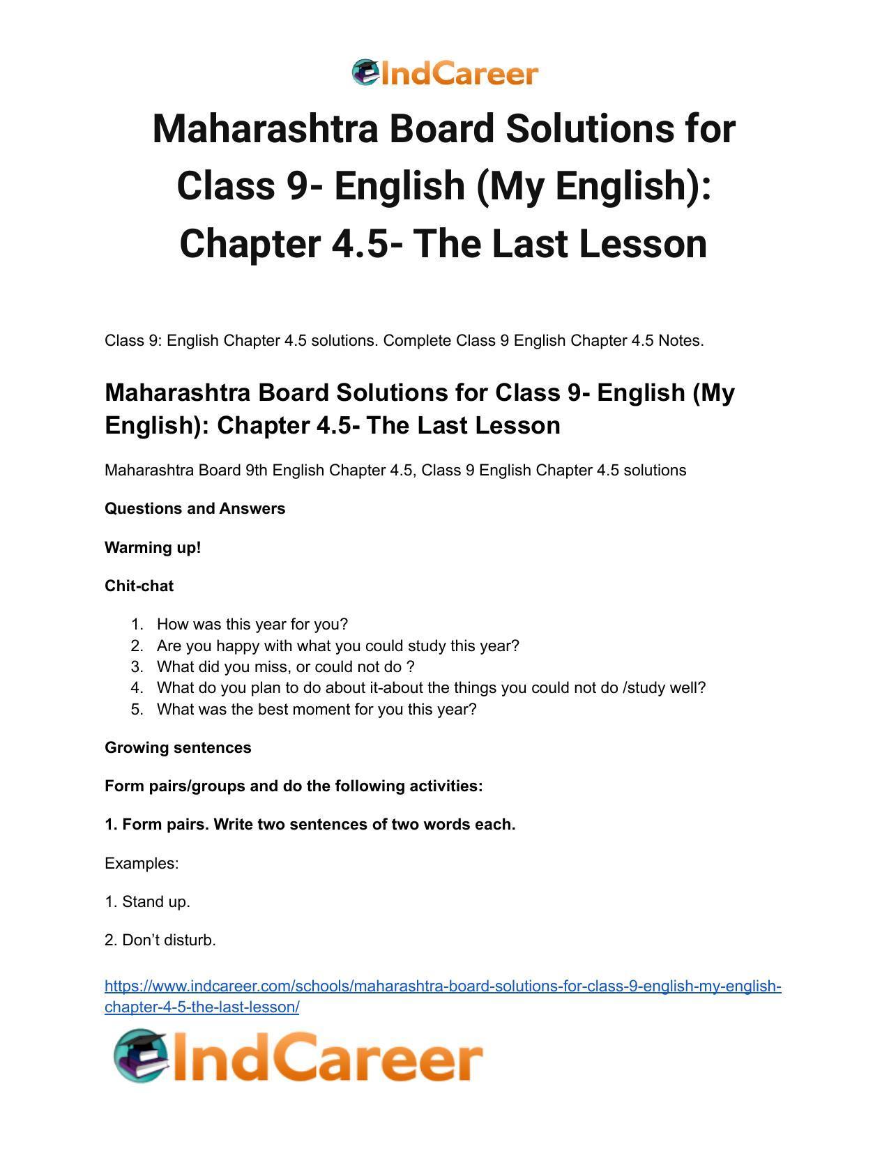 Maharashtra Board Solutions for Class 9- English (My English): Chapter 4.5- The Last Lesson - Page 2