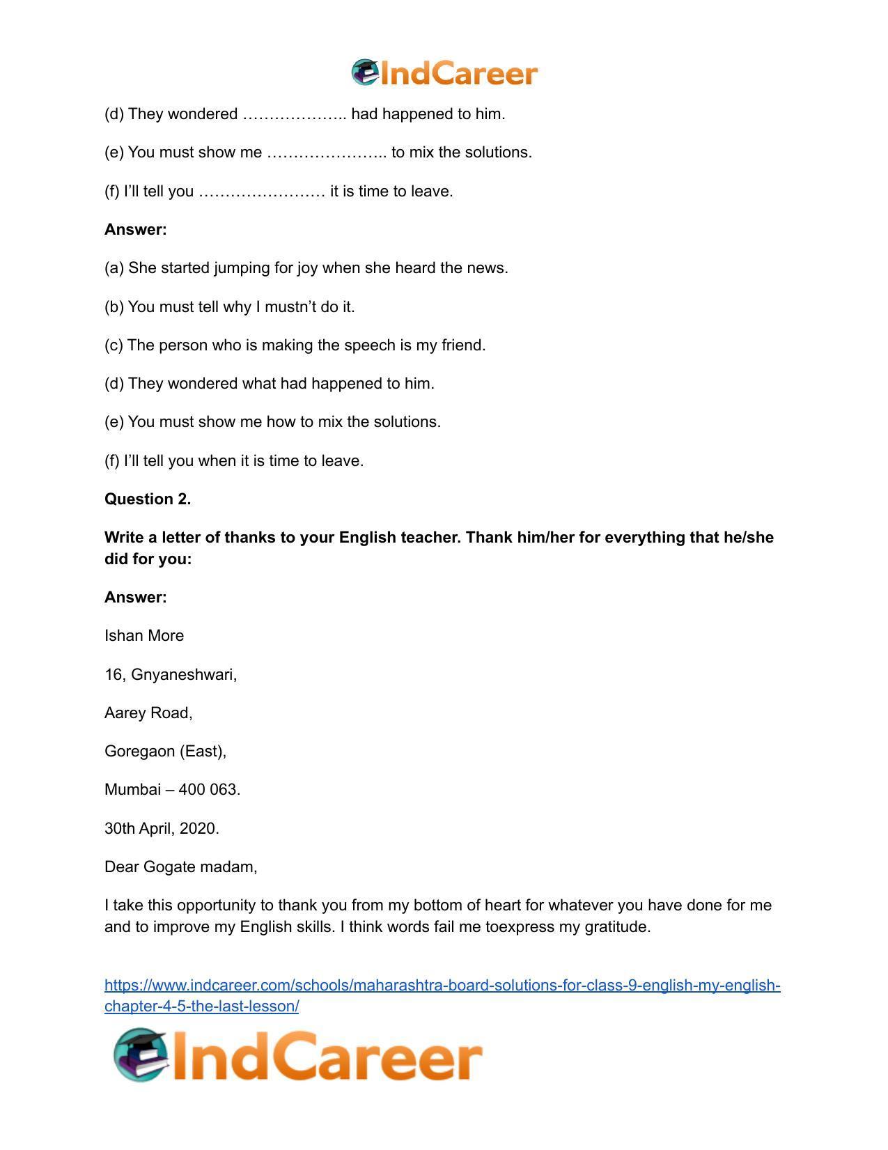 Maharashtra Board Solutions for Class 9- English (My English): Chapter 4.5- The Last Lesson - Page 8