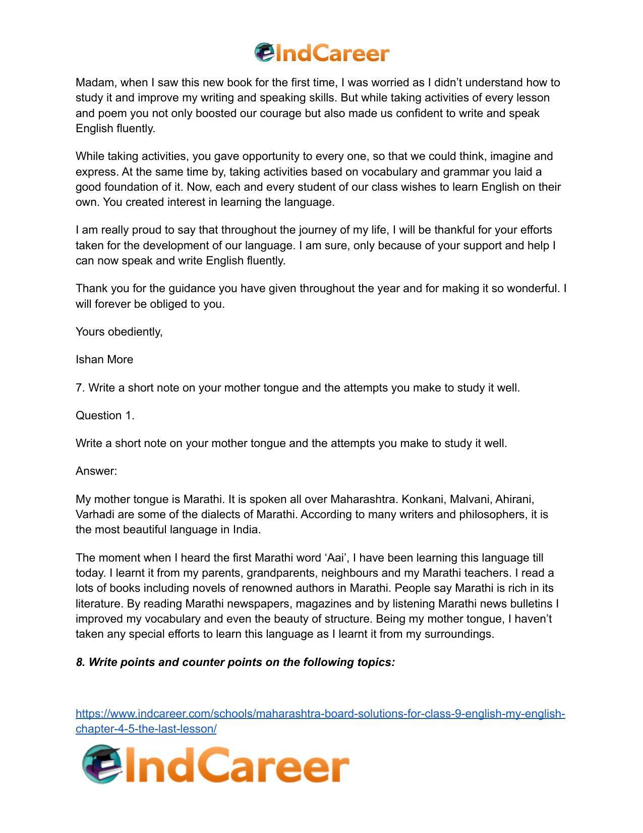 Maharashtra Board Solutions for Class 9- English (My English): Chapter 4.5- The Last Lesson - Page 9