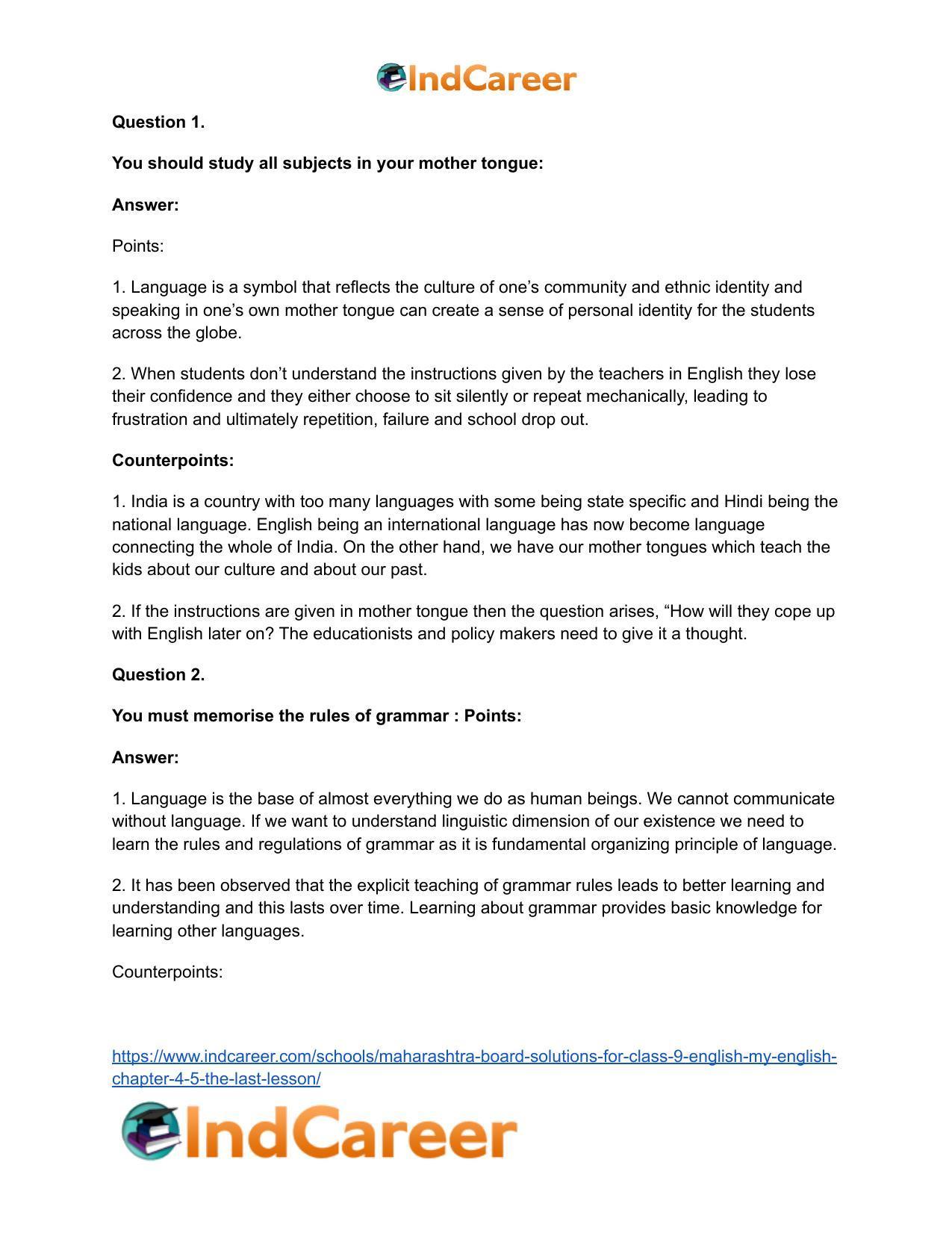 Maharashtra Board Solutions for Class 9- English (My English): Chapter 4.5- The Last Lesson - Page 10