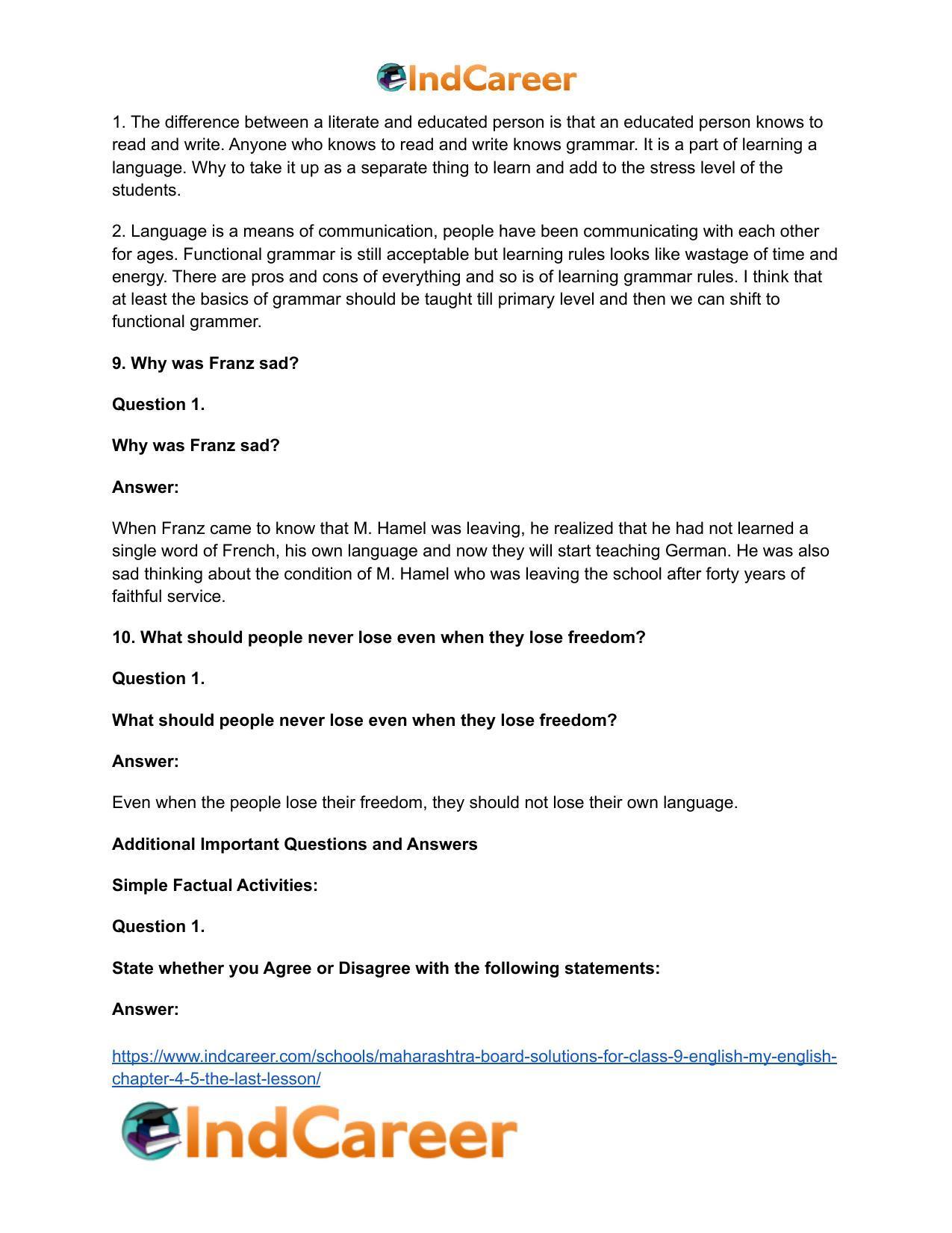 Maharashtra Board Solutions for Class 9- English (My English): Chapter 4.5- The Last Lesson - Page 11