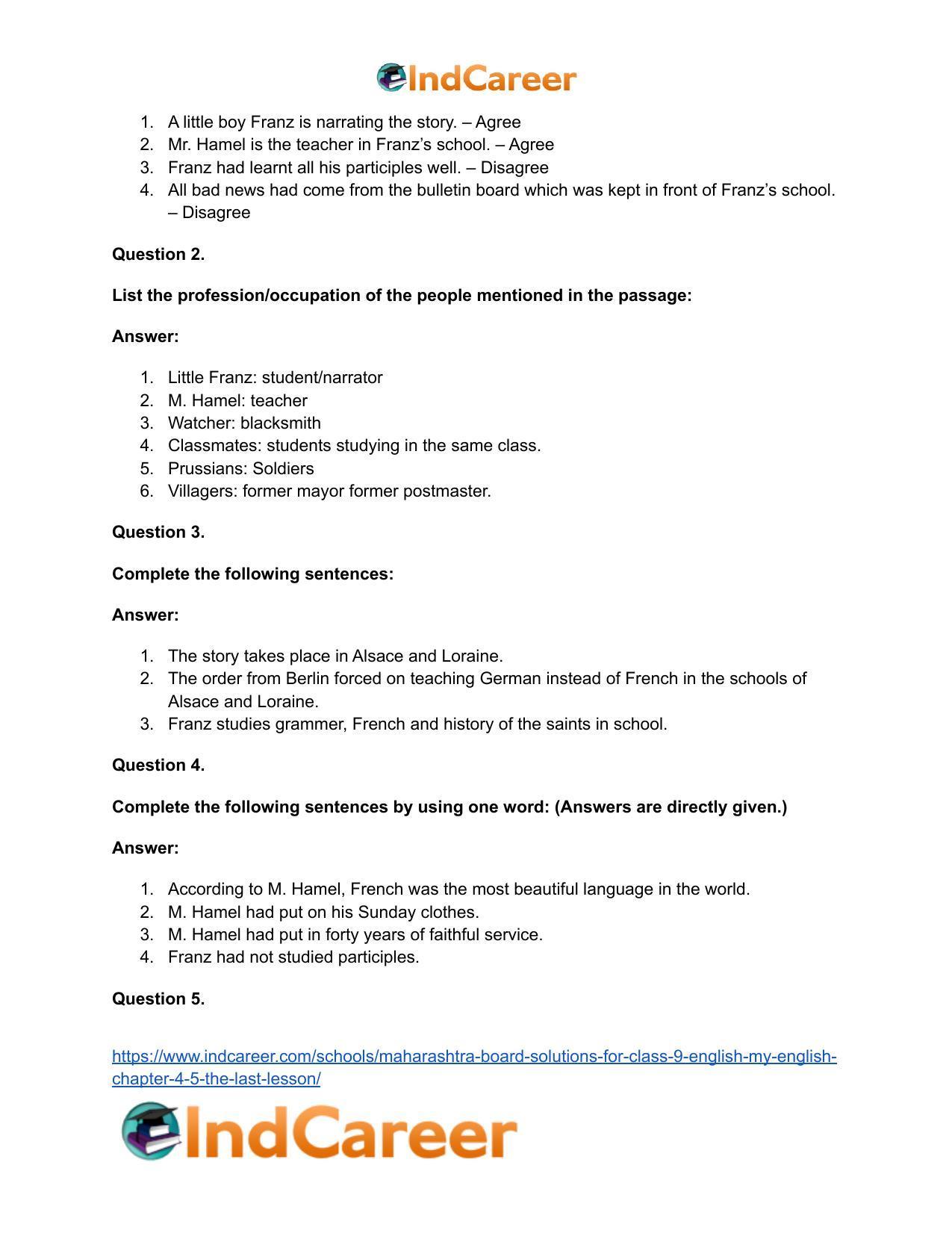 Maharashtra Board Solutions for Class 9- English (My English): Chapter 4.5- The Last Lesson - Page 12