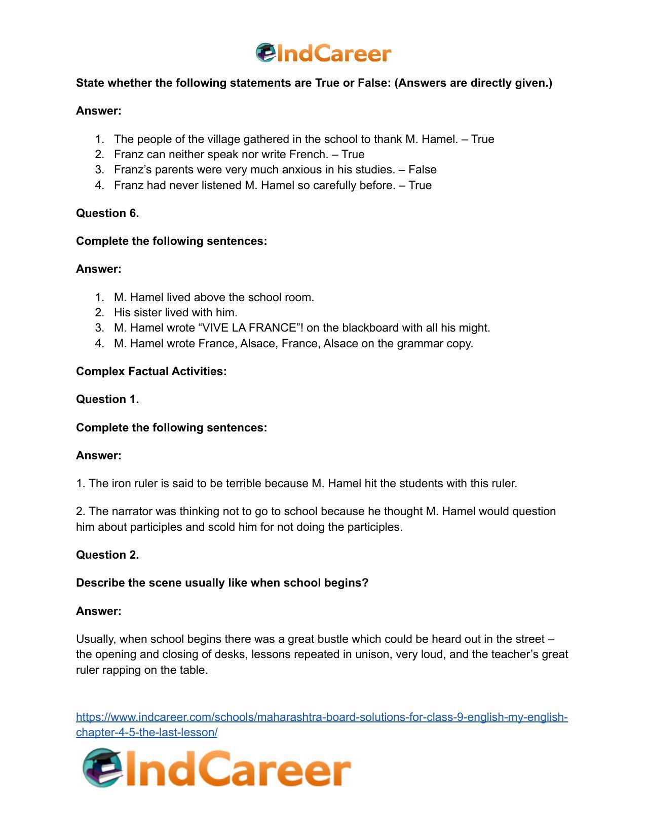 Maharashtra Board Solutions for Class 9- English (My English): Chapter 4.5- The Last Lesson - Page 13