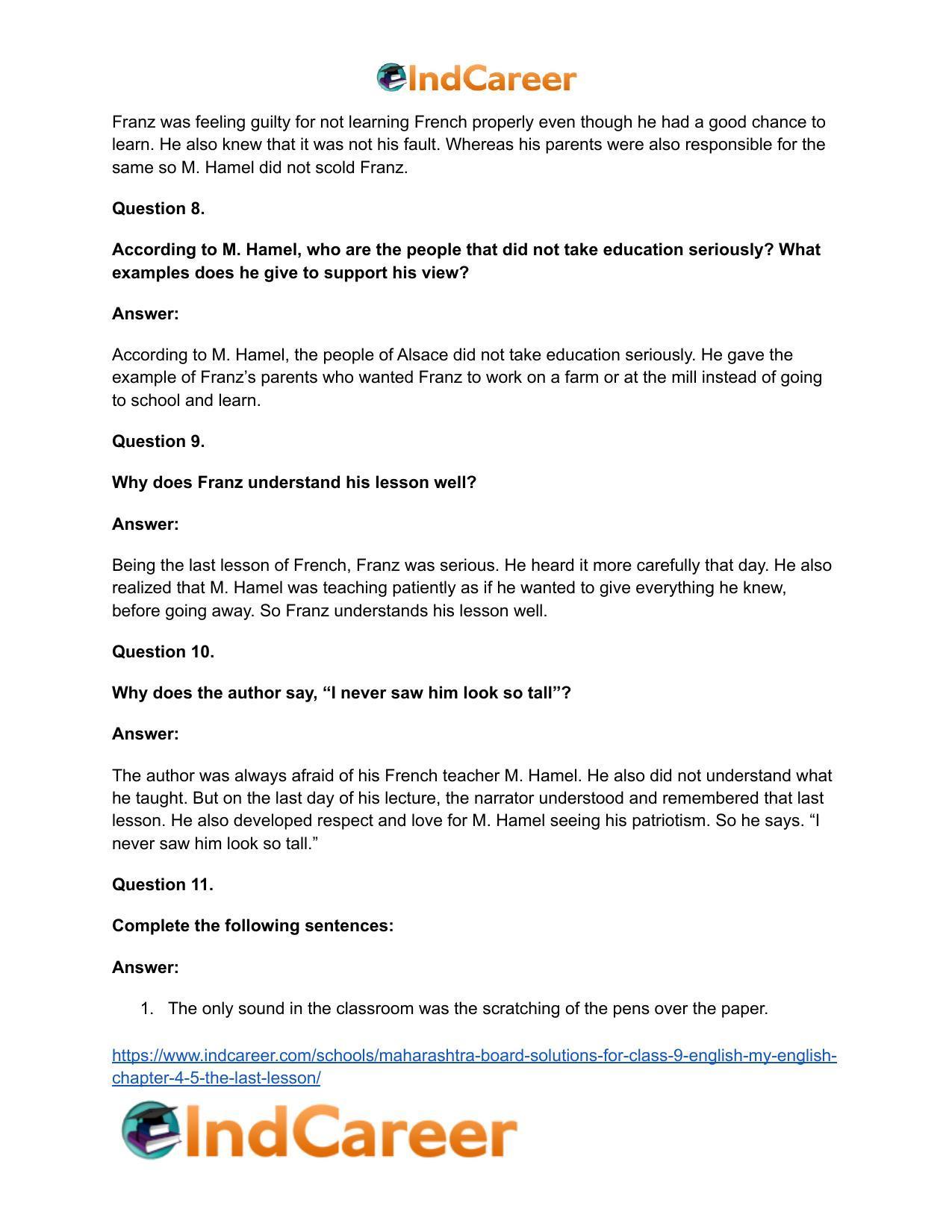 Maharashtra Board Solutions for Class 9- English (My English): Chapter 4.5- The Last Lesson - Page 15