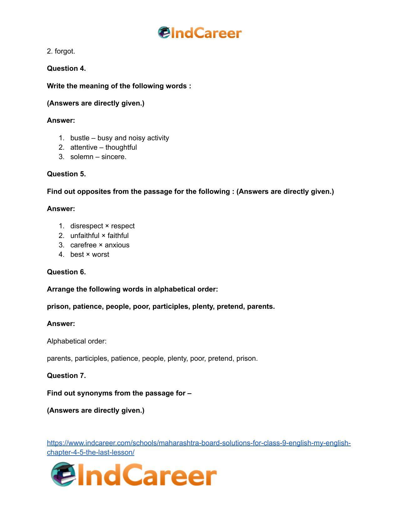 Maharashtra Board Solutions for Class 9- English (My English): Chapter 4.5- The Last Lesson - Page 17