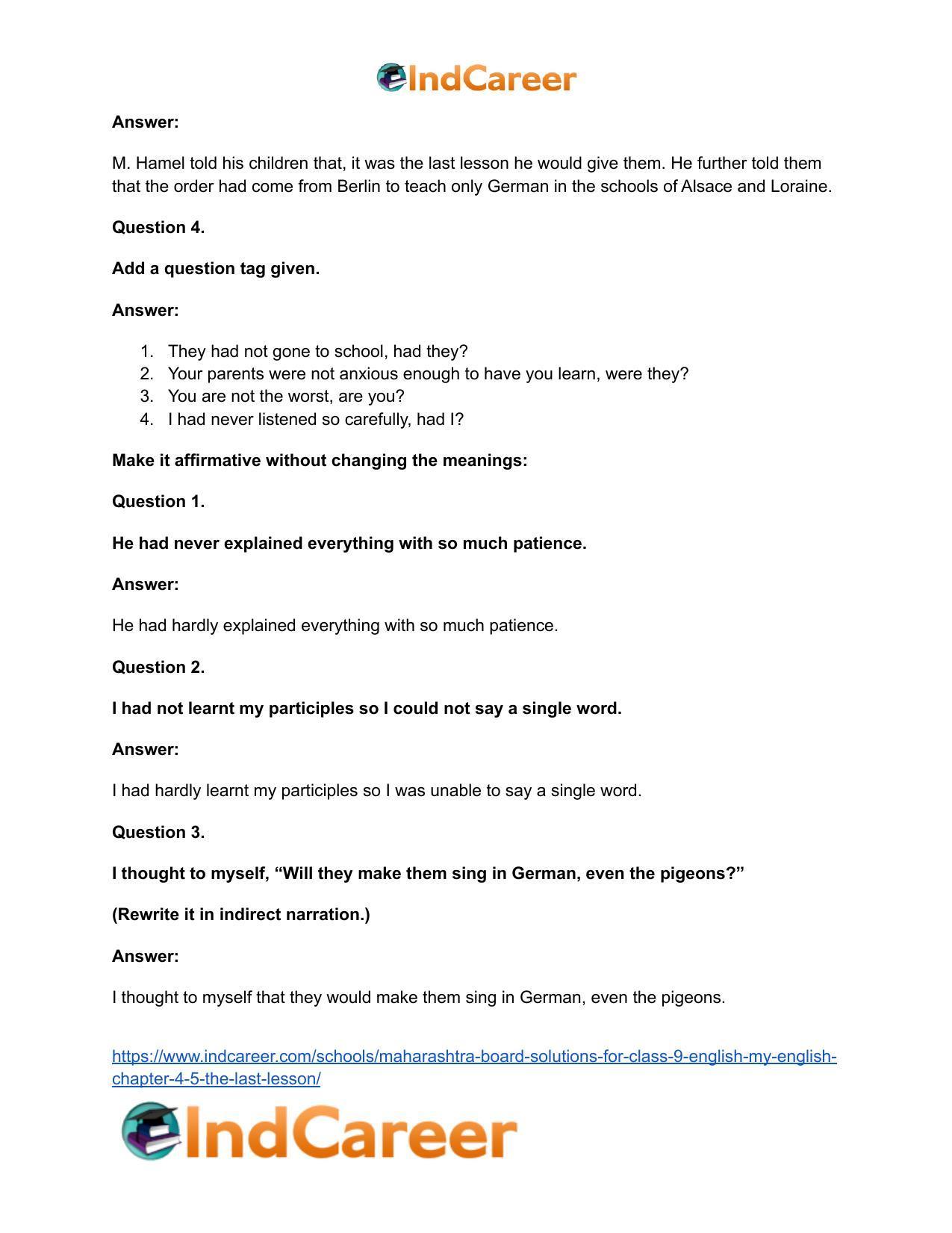 Maharashtra Board Solutions for Class 9- English (My English): Chapter 4.5- The Last Lesson - Page 20